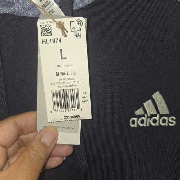 Adidas Hoodie Mens L Blue Black 3 Stripe Pullover Sweatshirt NWT Logo - Picture 4 of 12